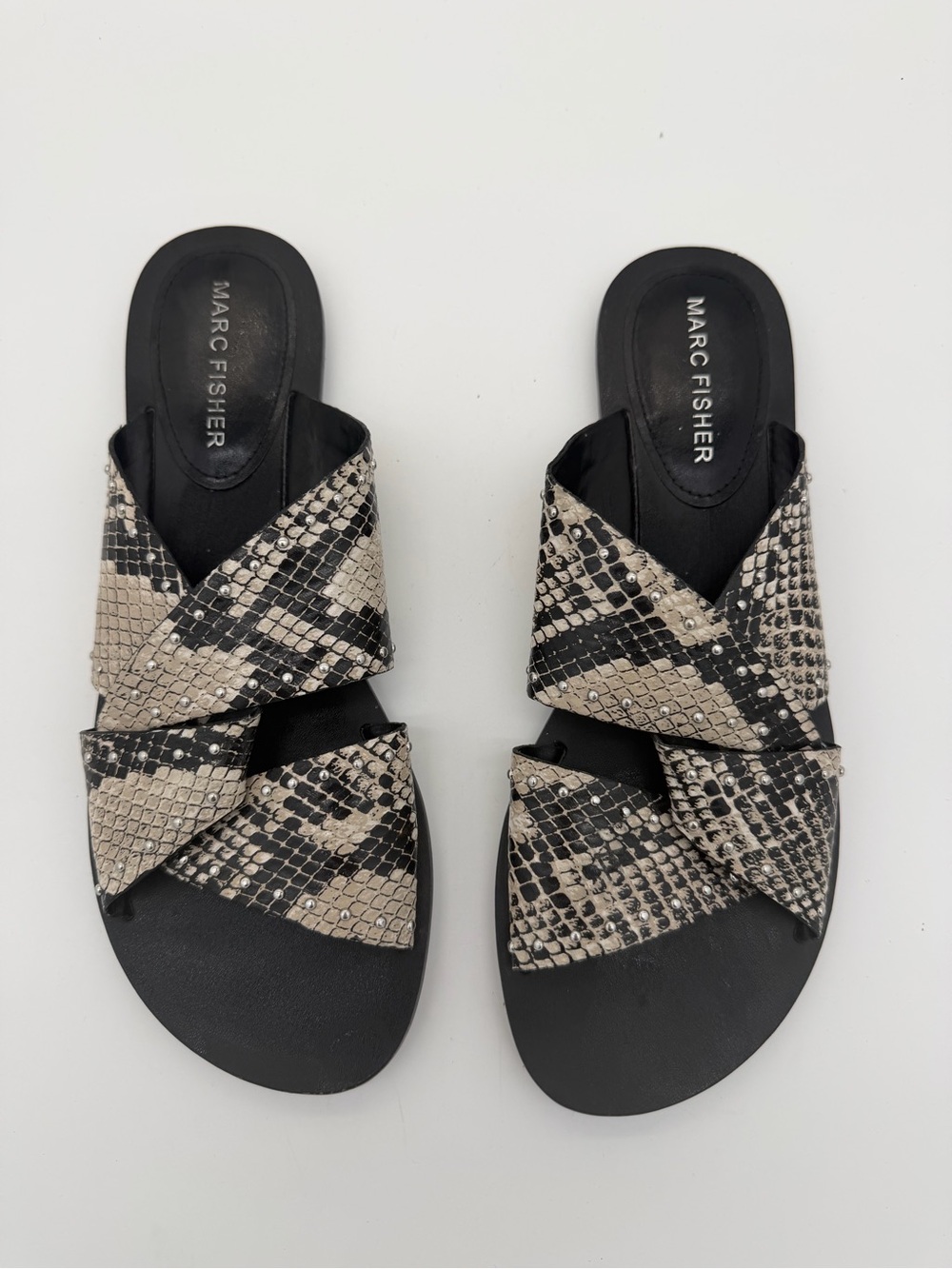 Marc Fisher Women's Snake-Print Slide Sandals in Beige/Black size 7
